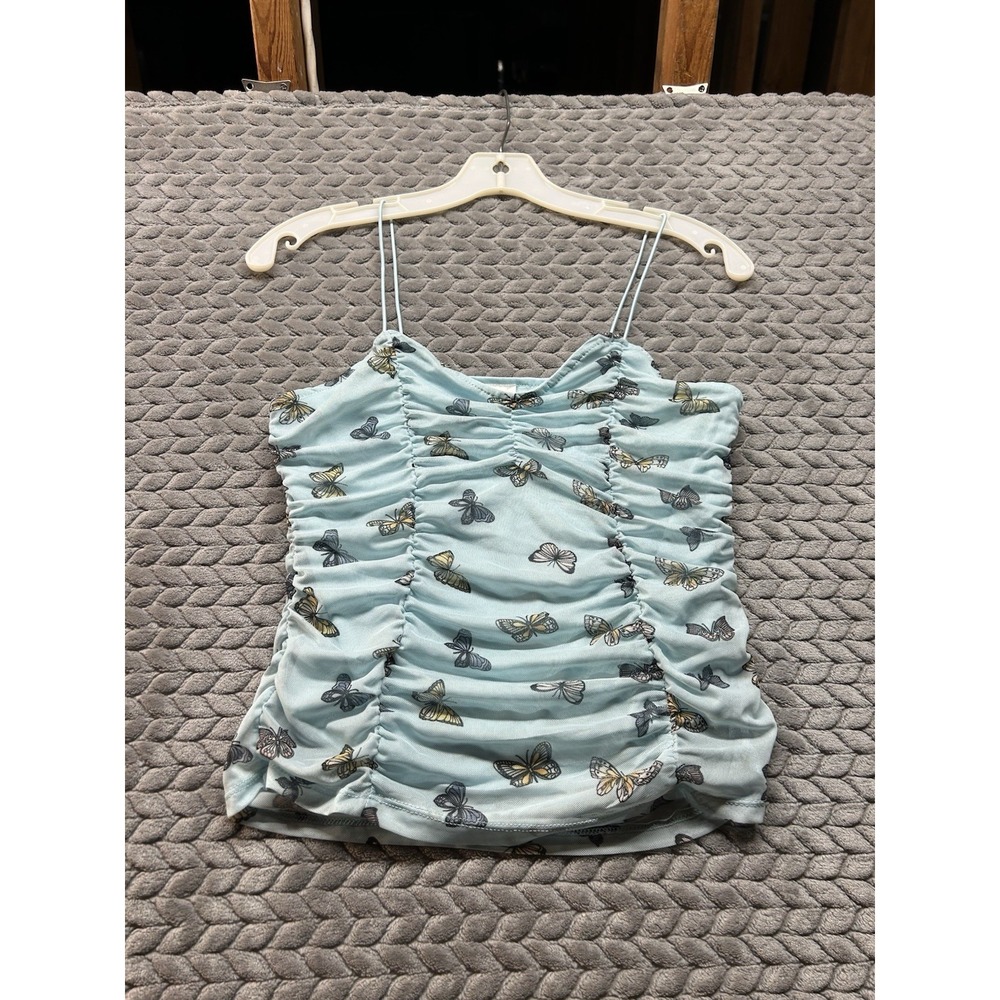 No Boundaries Butterfly Ruched Mesh Cami Top S 3-5 Blue Y2K Coquette